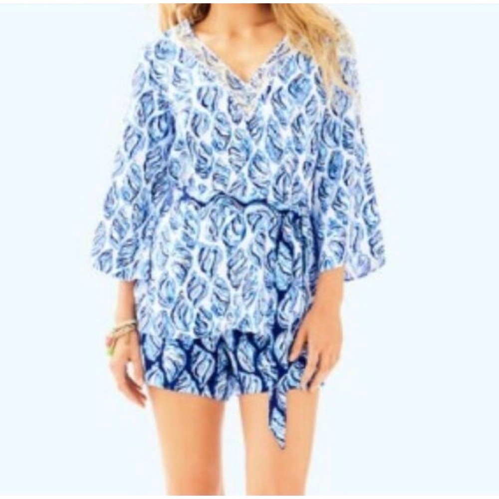 Lilly Pulitzer Resort White Kailen Top Drop In Blue Shells Embellished Tie Waist